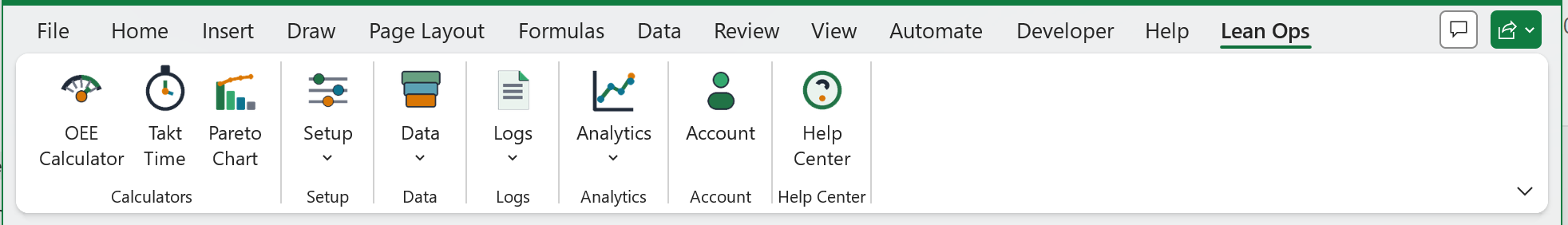 Excel Lean Ops ribbon tab with the task pane open