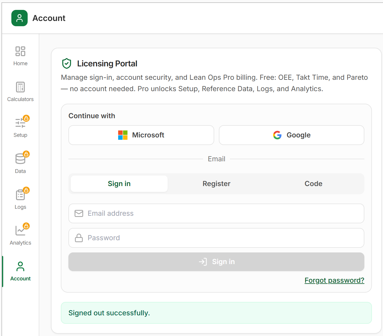 Account panel with sign-in options