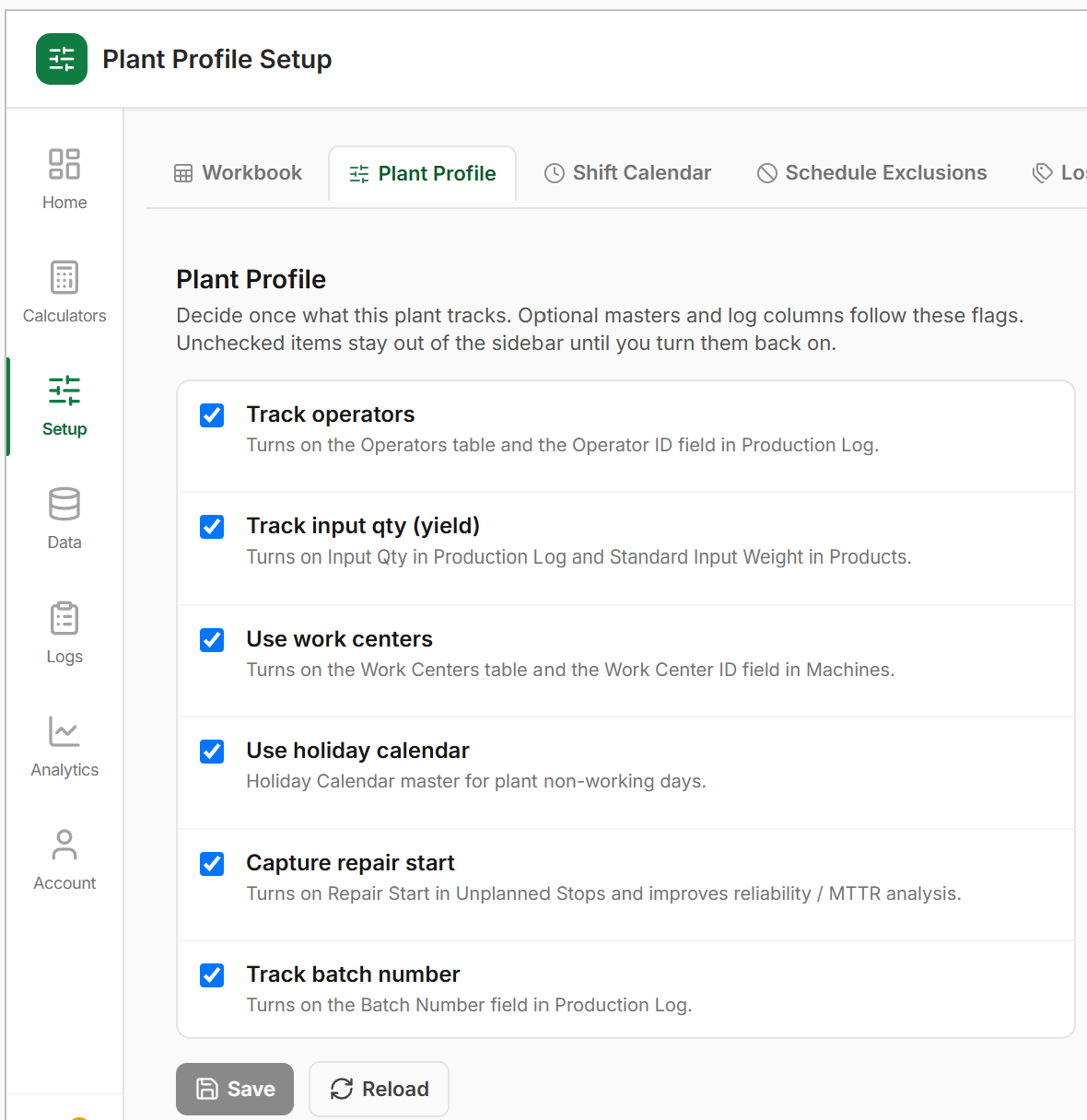 Plant Profile setup toggles